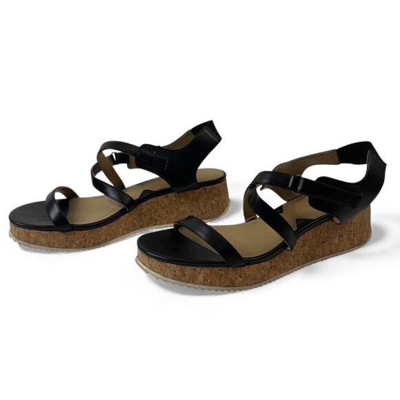 Adrienne Vittadini Black Leather Cork Wedge Sandals With Adjustable Straps Women - Picture 2 of 8